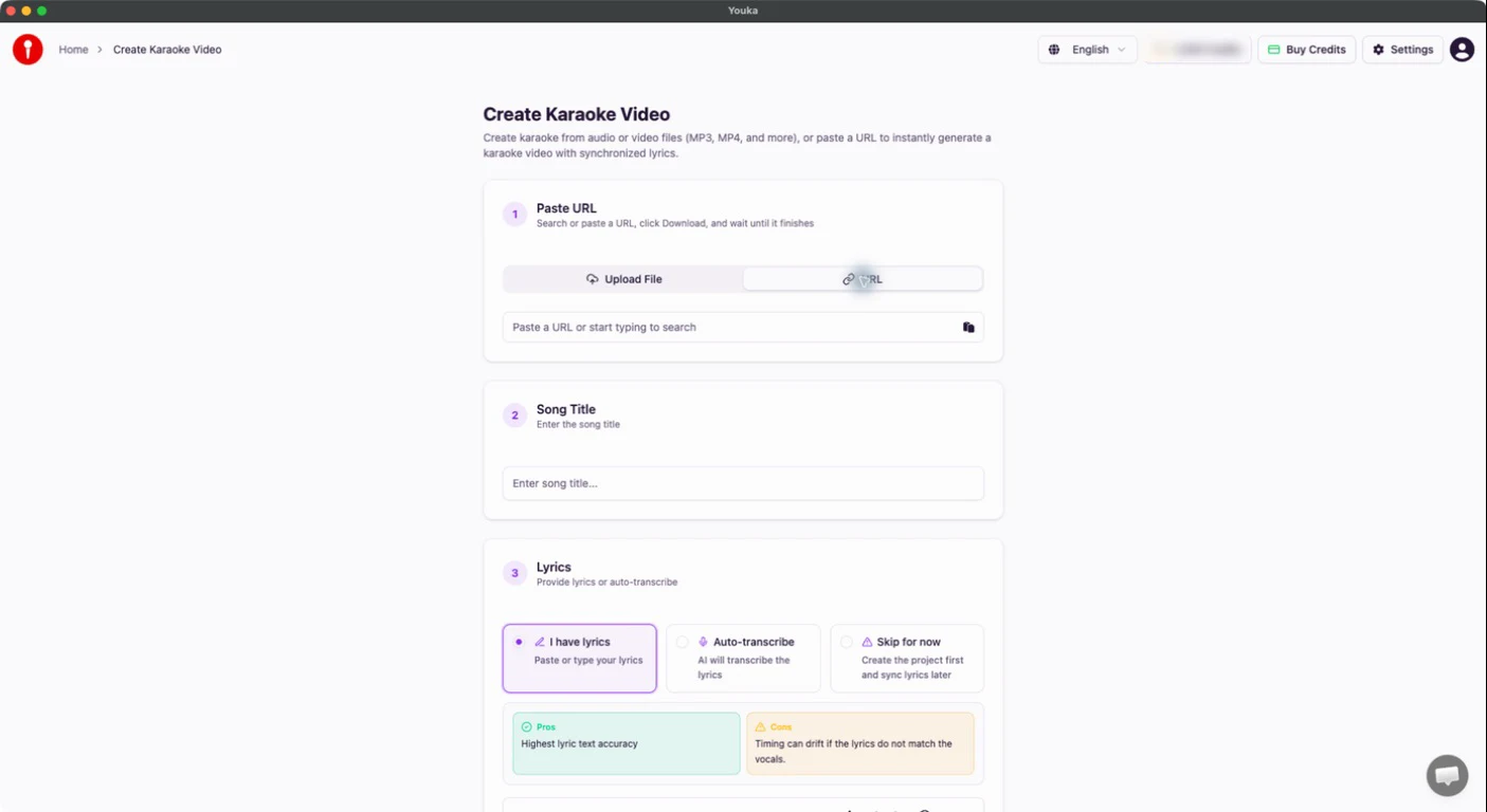 Youka Desktop create form with the URL option selected and no media entered