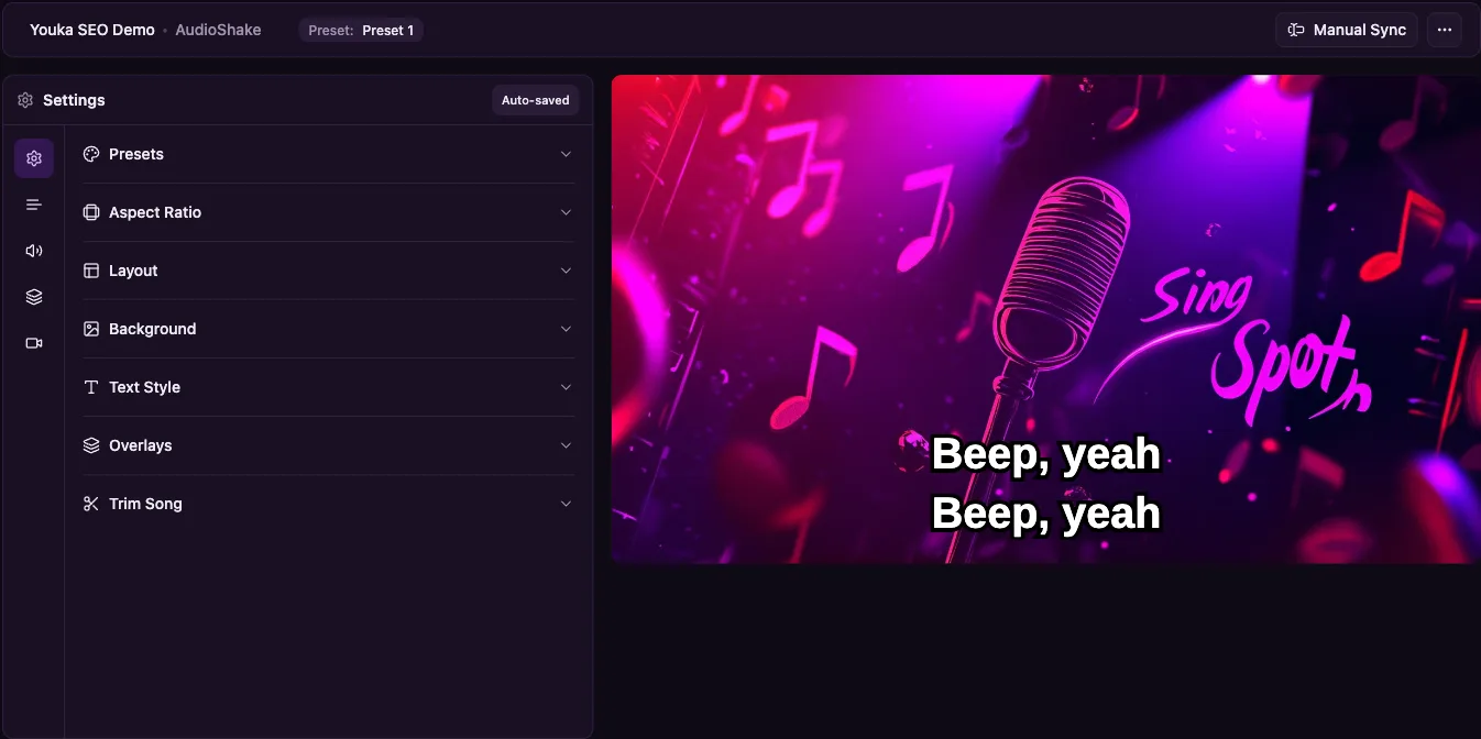 Youka Online studio editor showing karaoke lyrics and style settings
