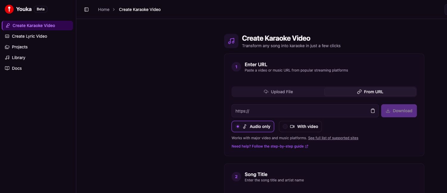 Youka Online with Create Karaoke Video highlighted and From URL selected